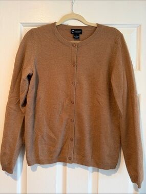 C by Bloomingdales Cashmere Camel Brown Button-Front Crewneck Cardigan